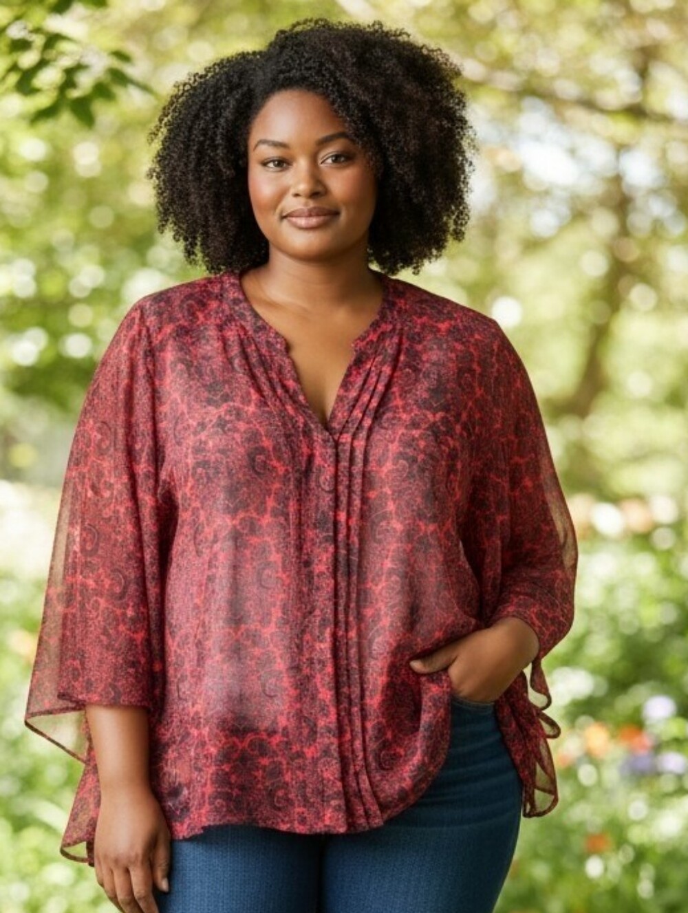 Catherines Red Printed V-Neck Plus Blouse